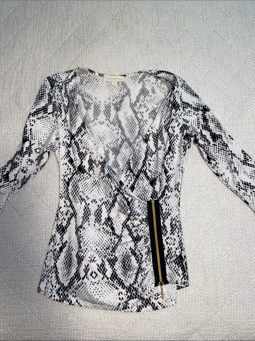 White & Black Snake Print Wrap Top with Zipper Detail